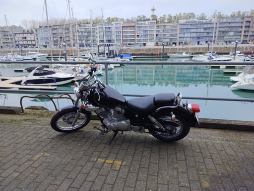 Picture of a black Yamaha XV250 parked in front of a marina.